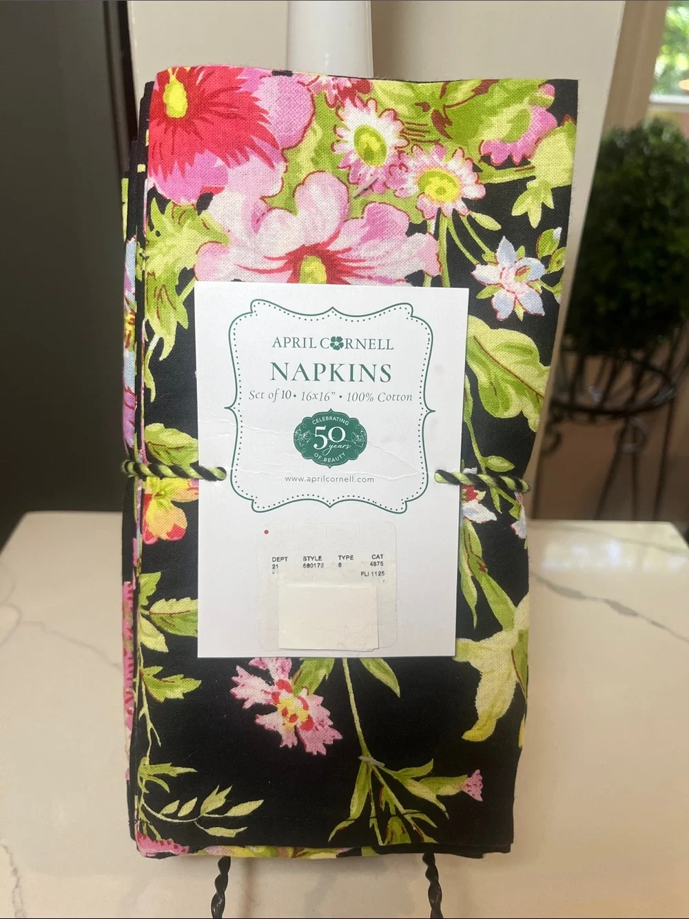 April Cornell Freesia Floral Napkins  Set of 10  Black Pink Green Cottage NWT